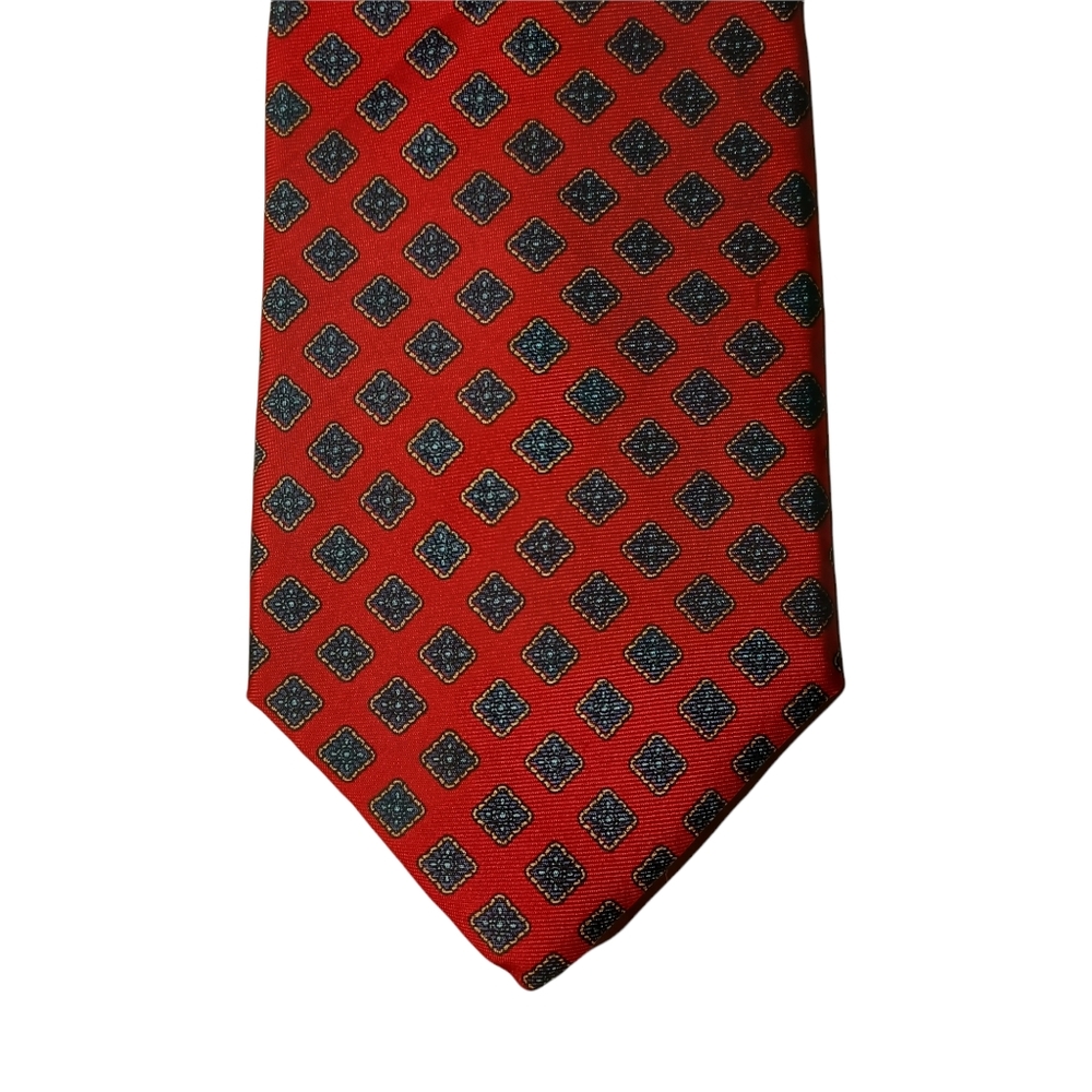 VTG BERT PULITZER Red Navy Blue Diamond Geometric Print Silk Tie